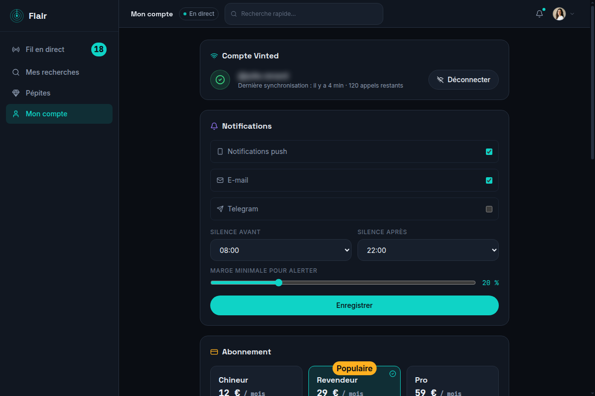 Mon compte : sync Vinted et abonnement