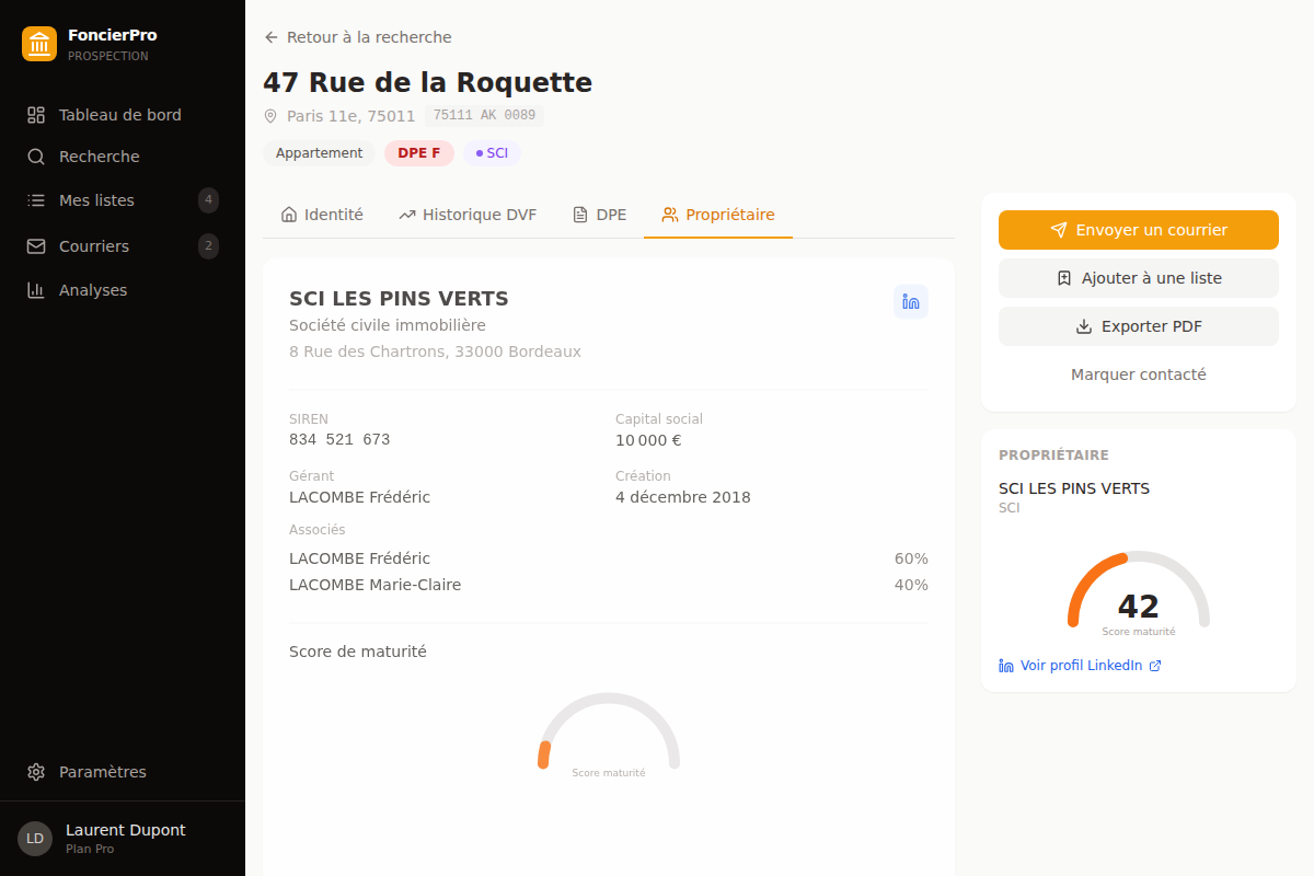 Fiche propriétaire : SCI, associés et score maturité