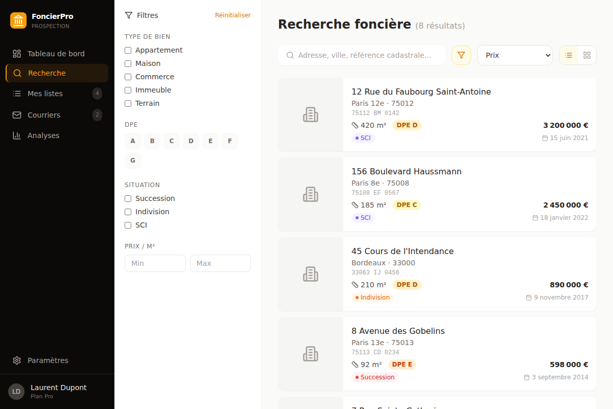 Recherche foncière filtrée par signaux de mutation