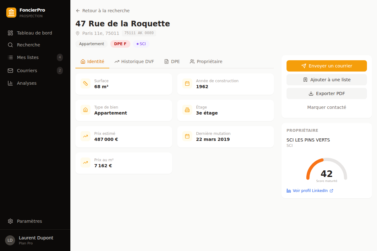 Fiche bien : identité cadastrale et prix estimé