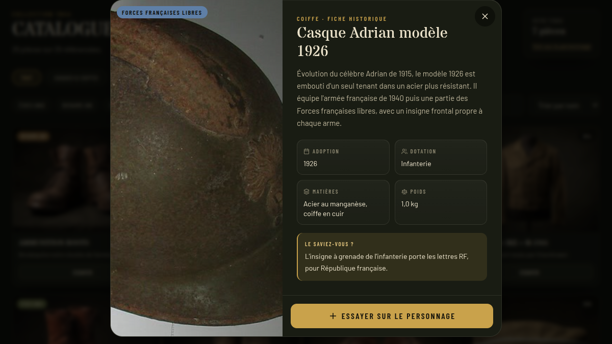 Une fiche historique par pièce du catalogue
