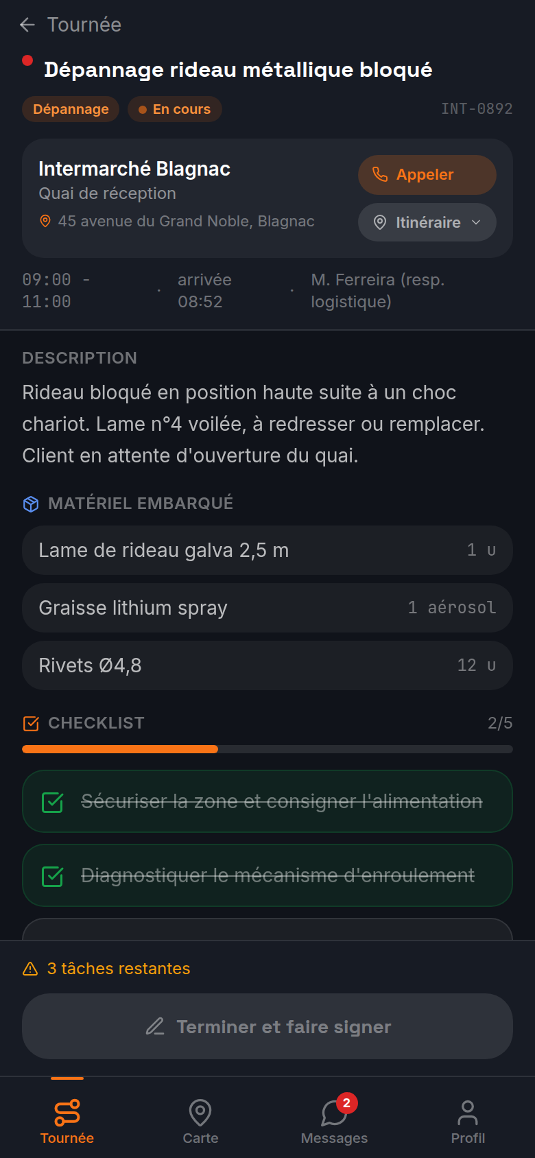 Fiche intervention avec checklist