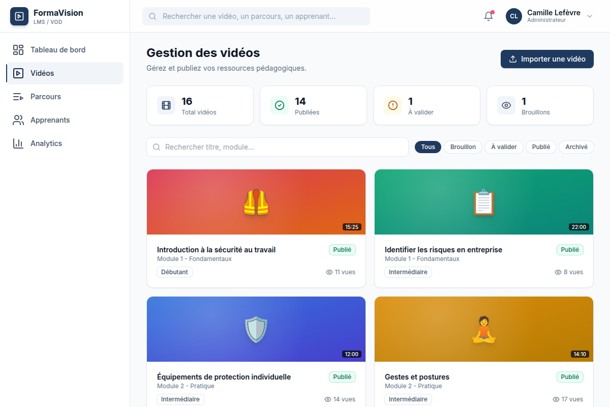 Catalogue vidéo avec statuts de publication