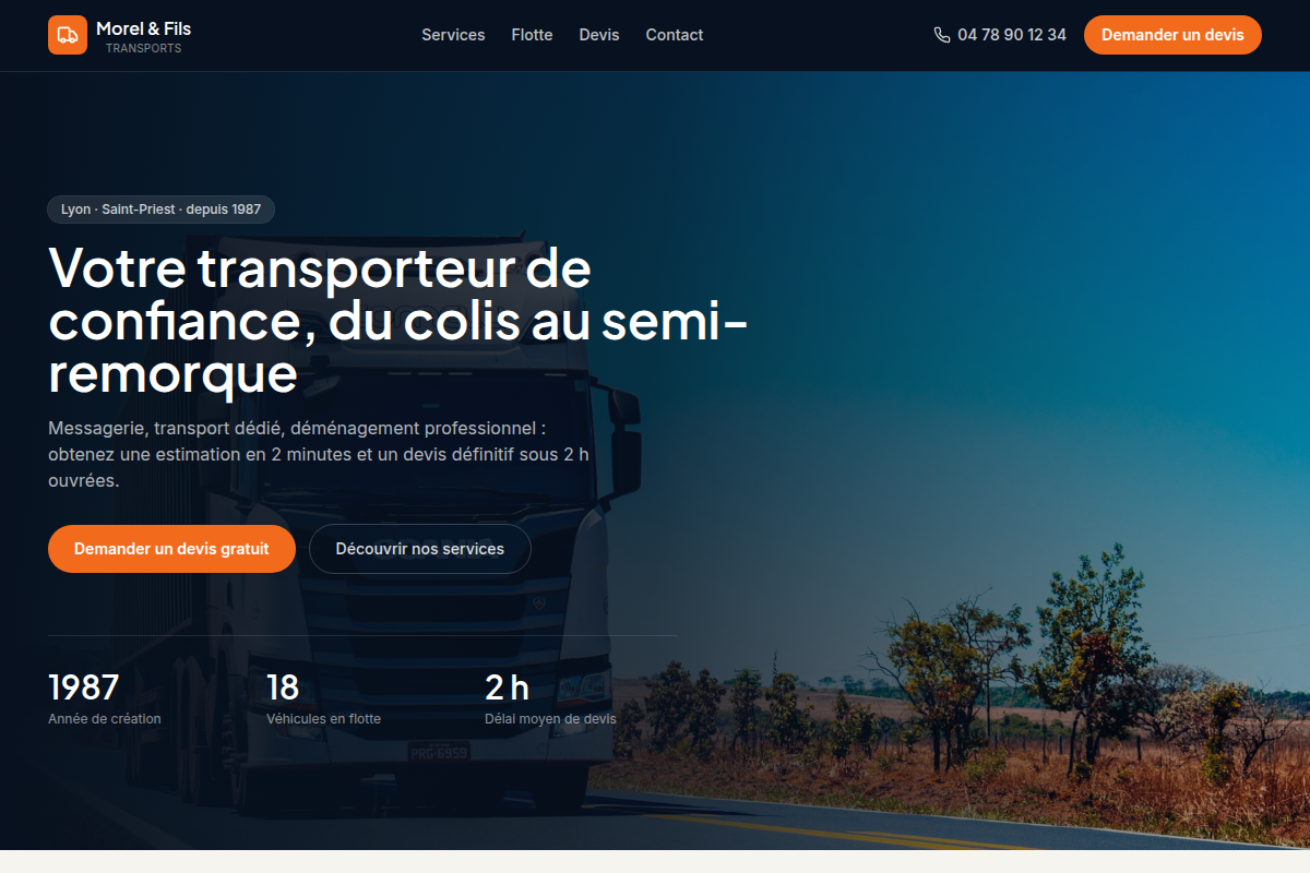 Site vitrine Transports Morel &amp; Fils, hero + stats