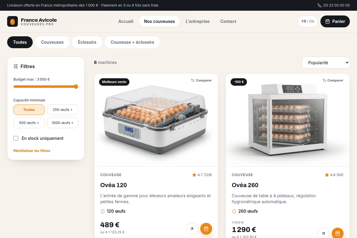 Catalogue filtrable par budget et capacité