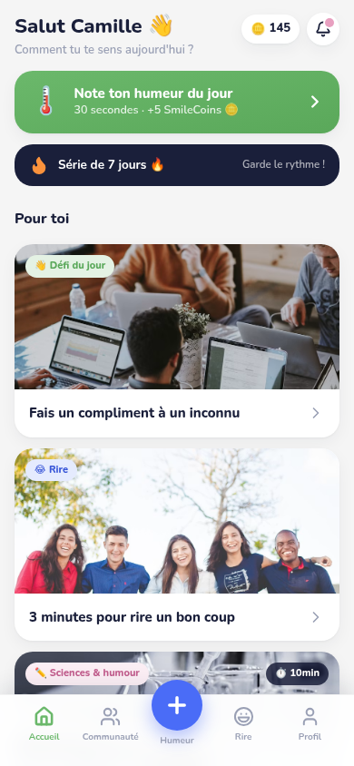Accueil : humeur du jour et feed pour toi