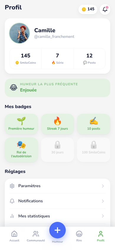 Profil : SmileCoins, série et badges
