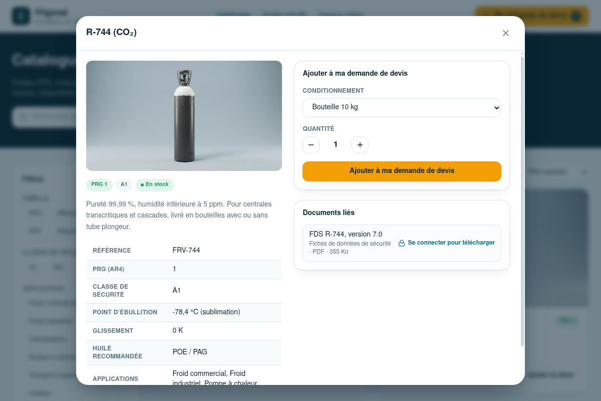 Fiche produit détaillée et ajout à la demande de devis
