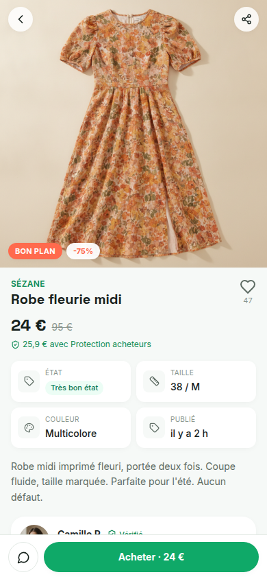 Fiche article : photo, prix, état, vendeur