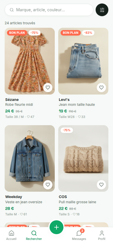 Recherche filtrée avec badges bon plan