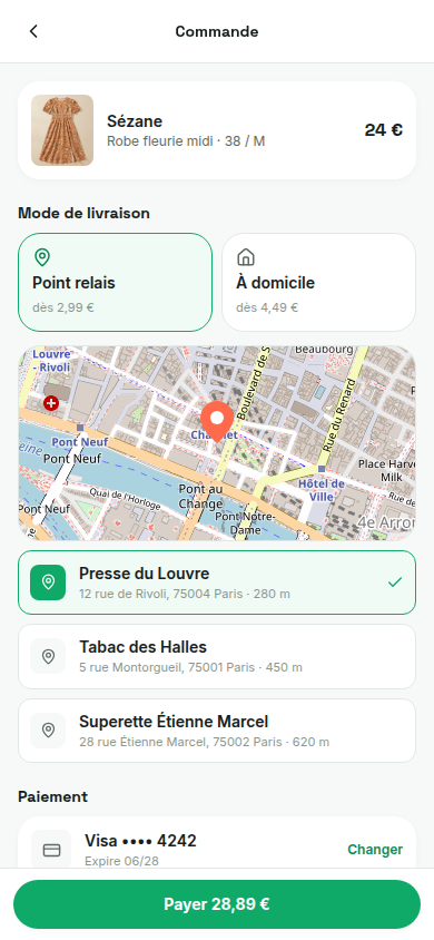 Paiement et choix du point relais sur carte