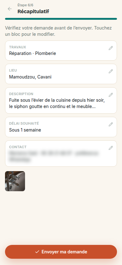 Récapitulatif avant envoi de la demande