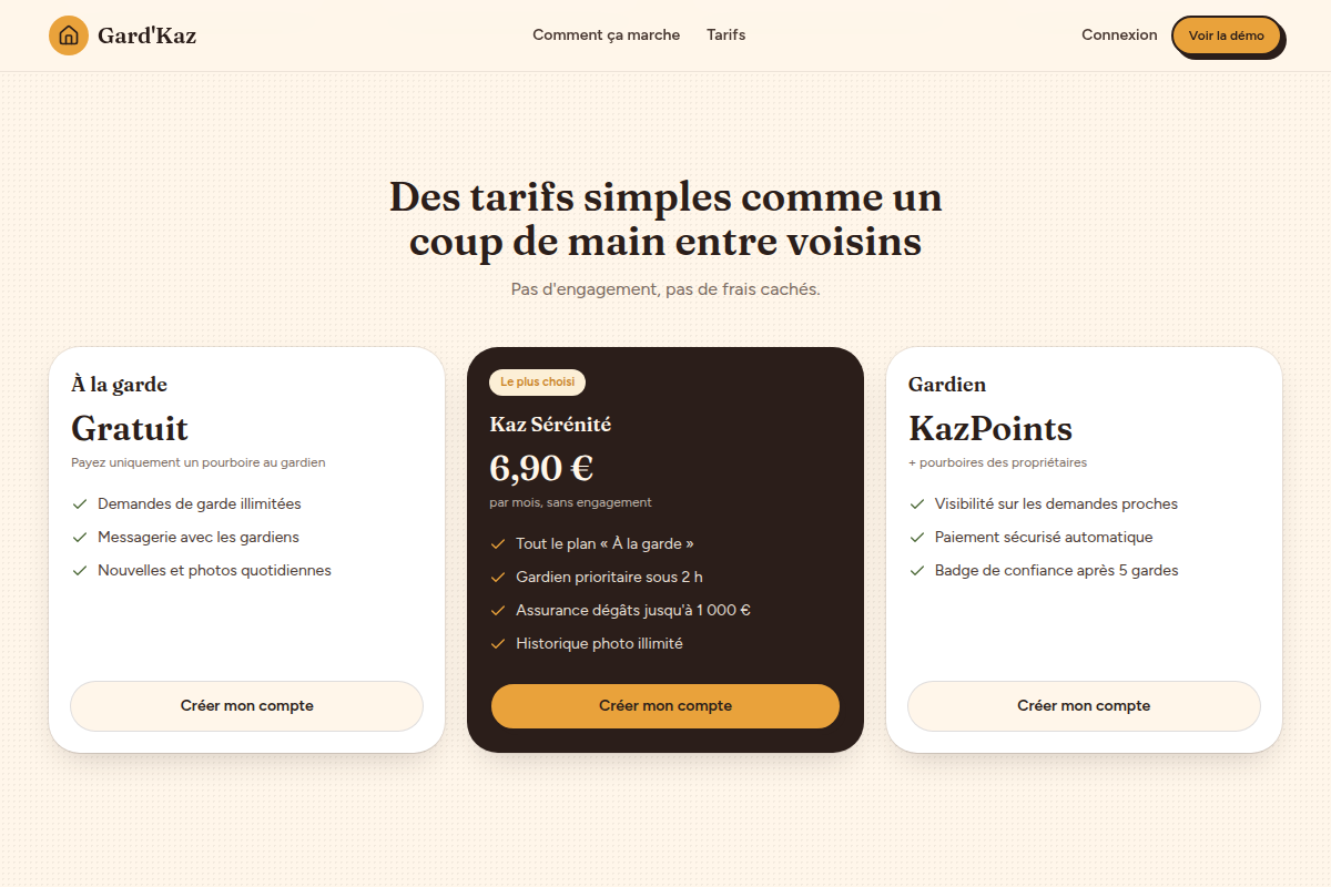 Trois offres : gratuite, Kaz Sérénité et Gardien