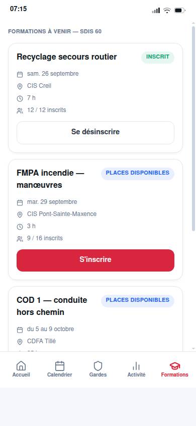 Formations à venir, inscription en un tap