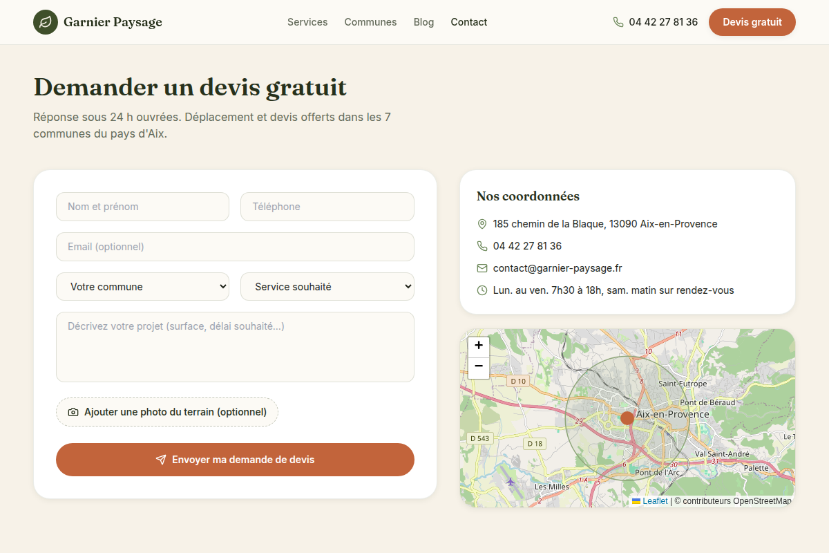 Page de contact avec formulaire de devis