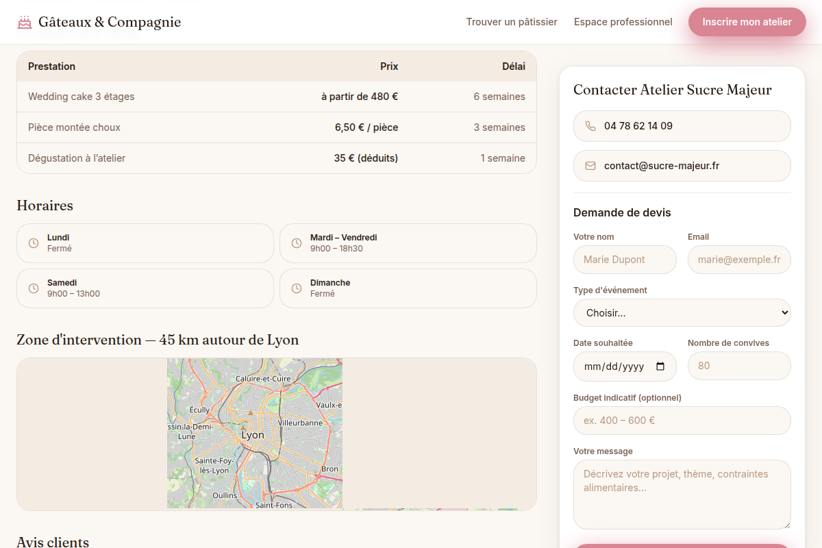 Tarifs, horaires et zone d'intervention