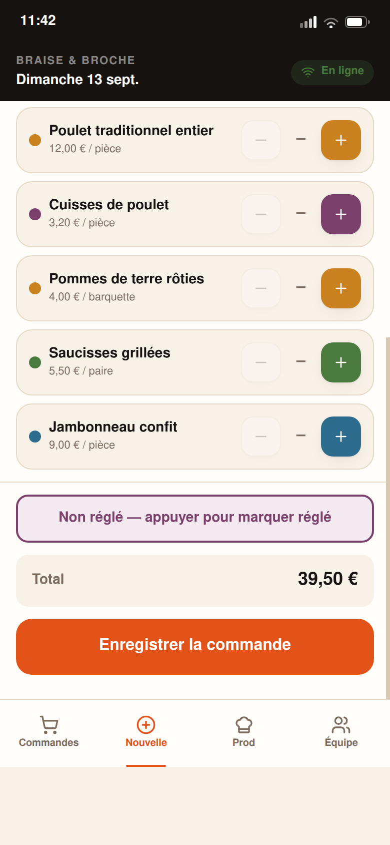 Commande en cours de saisie, total calculé