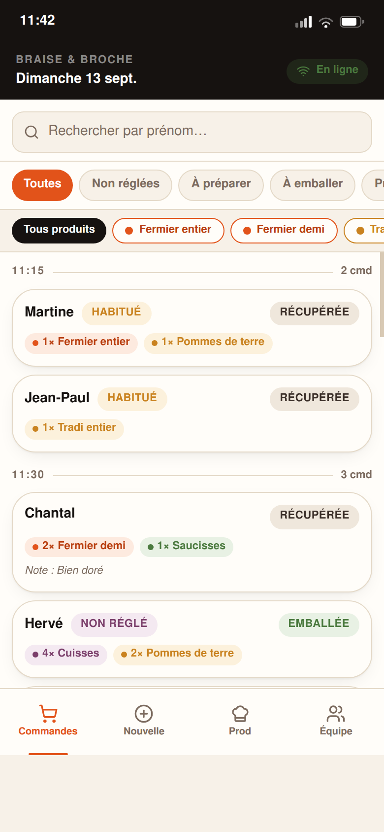 Liste des commandes du service en cours
