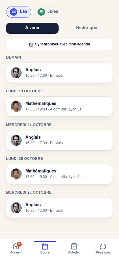 Planning des cours à venir, synchronisable avec l'agenda