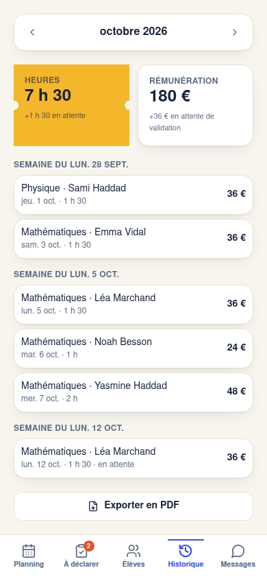 Heures et rémunération du mois