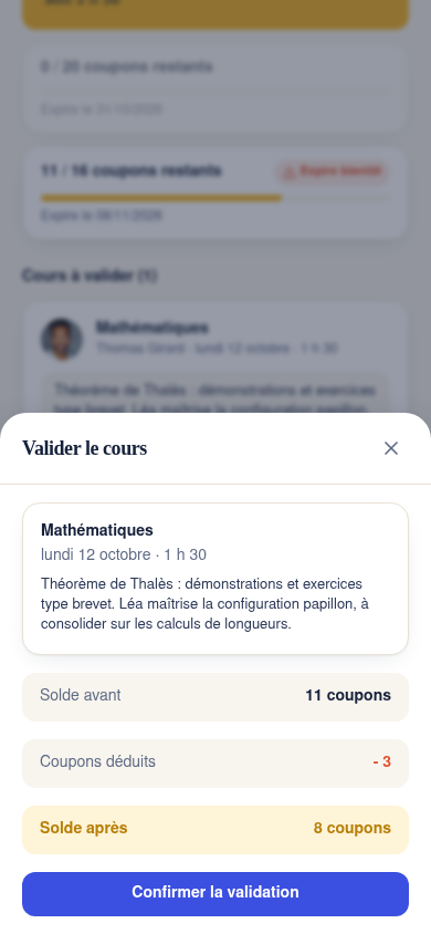 Validation d'un cours : solde avant, coupons déduits, après