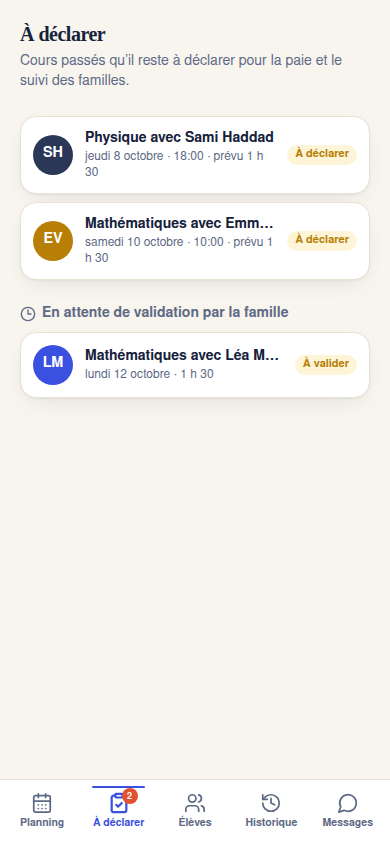 Cours passés à déclarer pour la paie