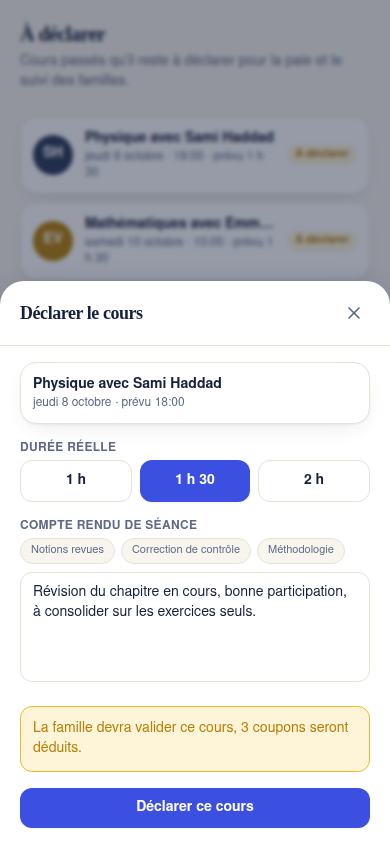 Déclaration d'un cours avec compte rendu de séance
