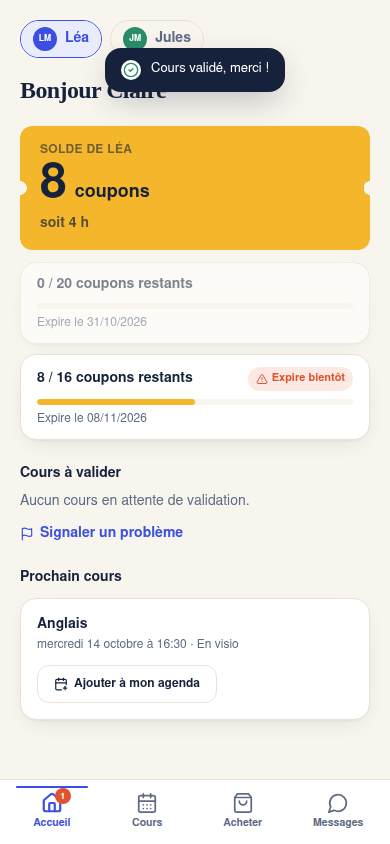 Cours validé : le solde de coupons se met à jour