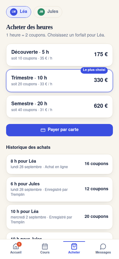 Forfaits d'heures en ligne et historique des achats