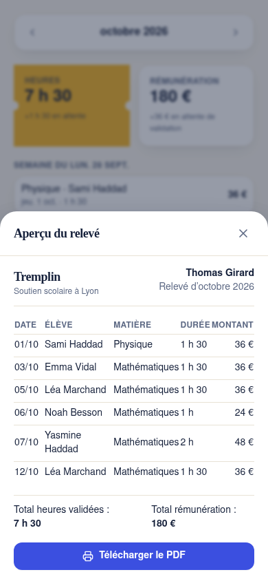 Aperçu du relevé mensuel avant export PDF