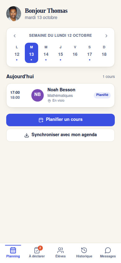 Planning de la semaine et cours du jour