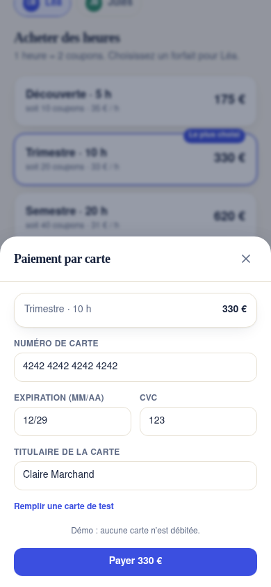 Paiement par carte du forfait choisi