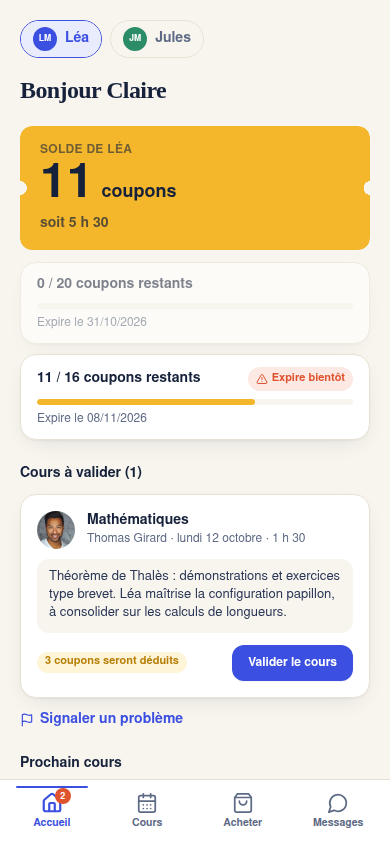 Accueil famille : solde de coupons et cours à valider