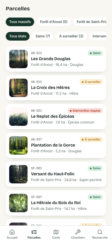 Liste des parcelles filtrable par massif et état