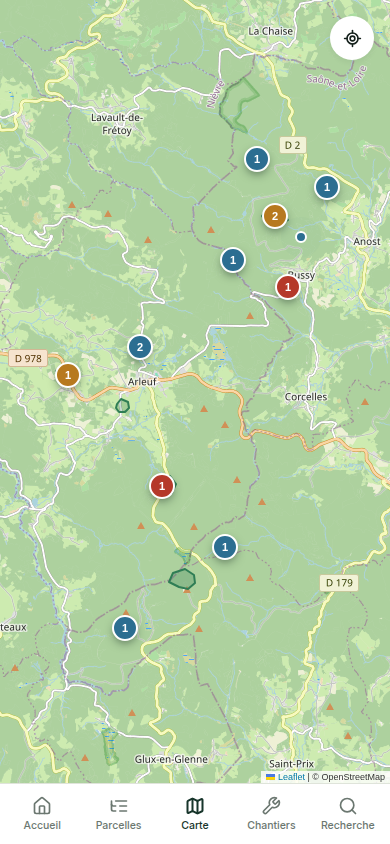 Carte des parcelles et chantiers du massif