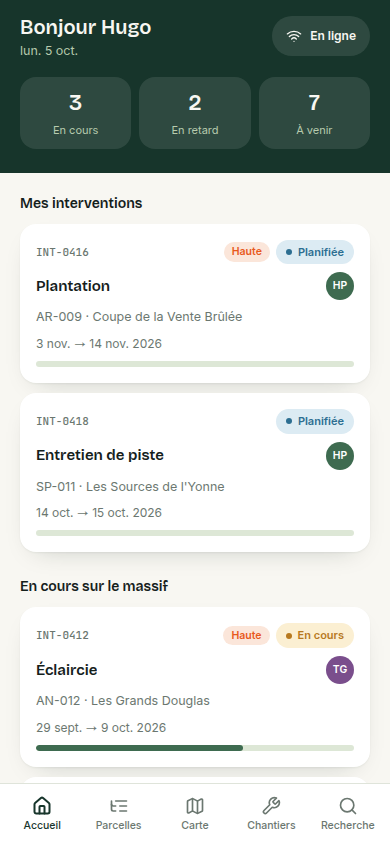 Accueil : chantiers du jour, mode en ligne