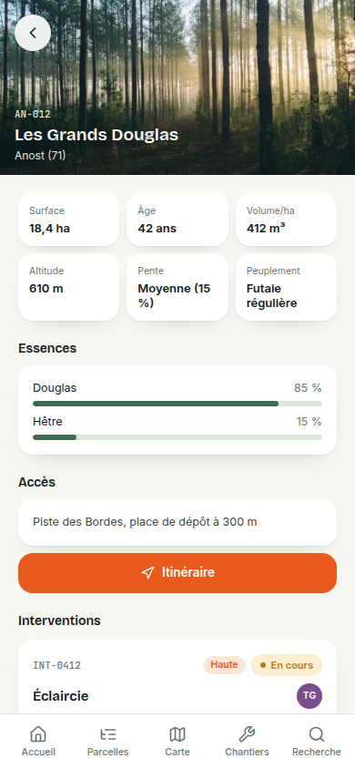 Fiche parcelle : surface, essences, accès