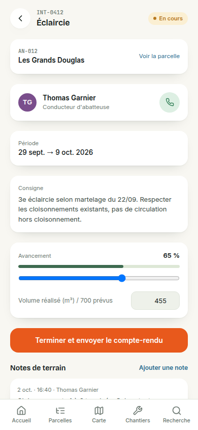 Intervention : avancement et notes de terrain