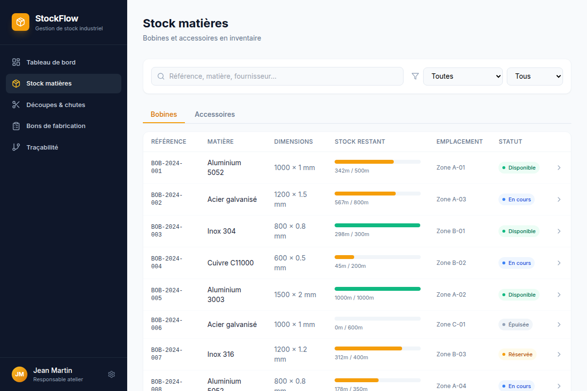 Stock matières : bobines et métrage restant