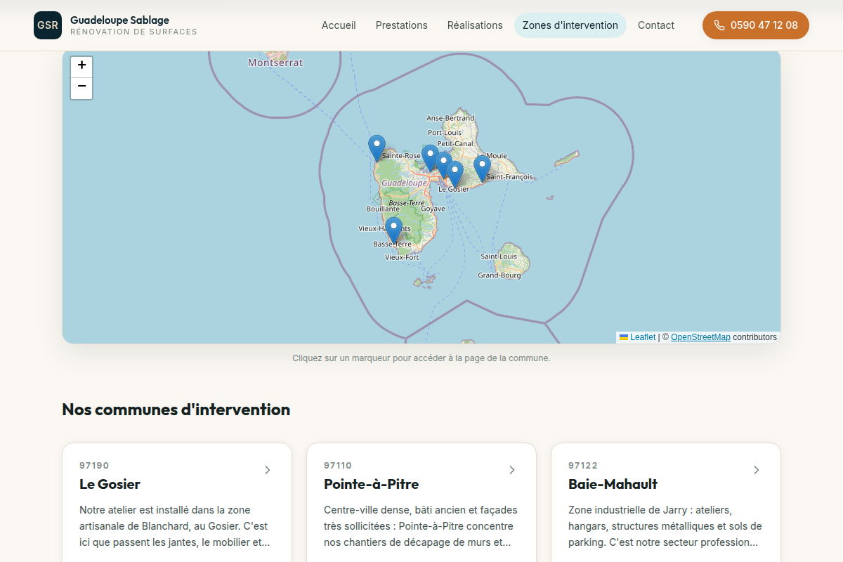 Carte et zones d'intervention en Guadeloupe