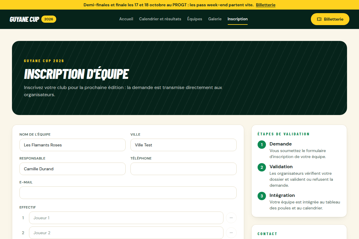 Formulaire d'inscription d'une équipe
