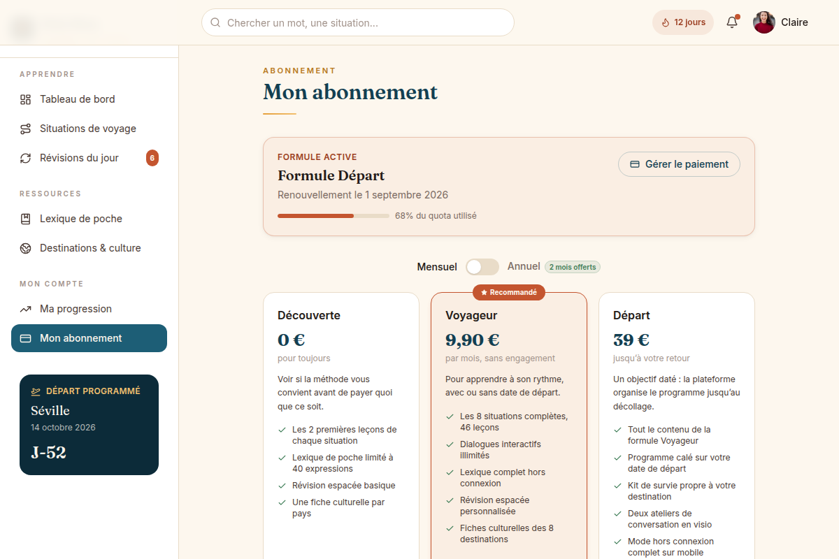 3 formules : Découverte, Voyageur, Départ