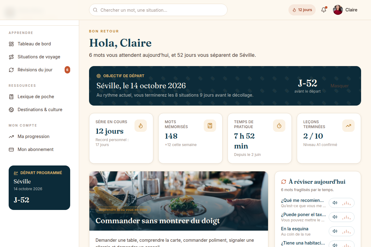 Tableau de bord : streak, objectif du jour