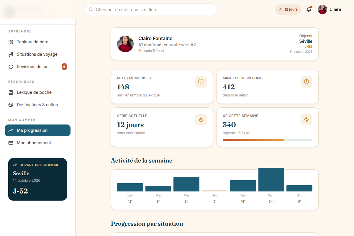 Progression : mots, XP, série, badges
