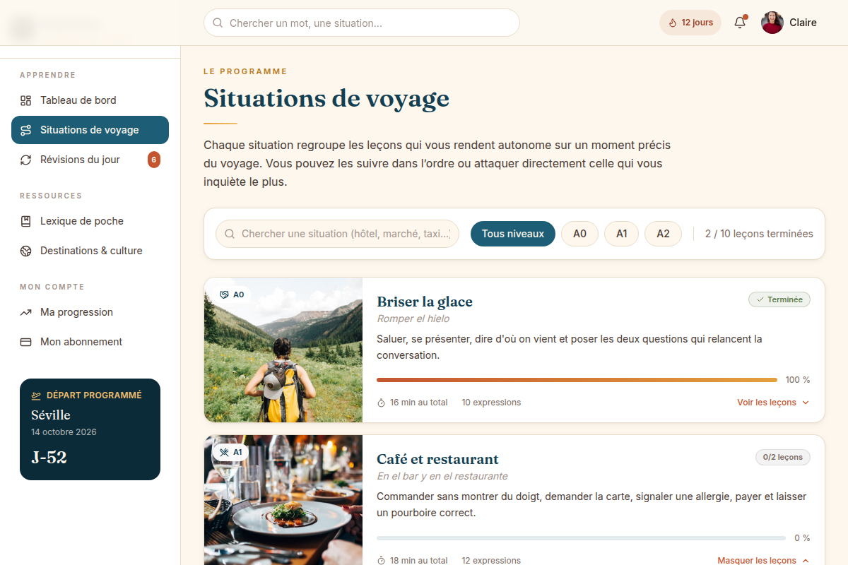 Situations de voyage classées par niveau