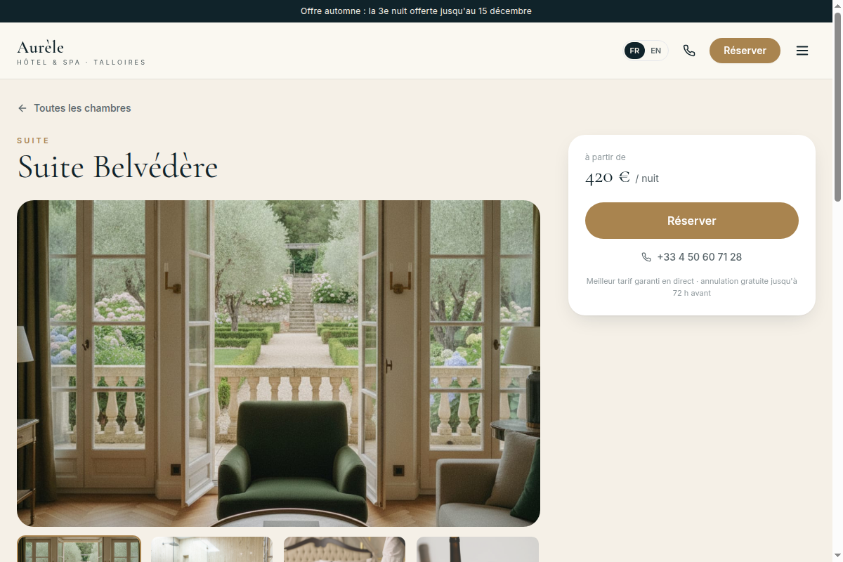 Fiche chambre avec galerie et réservation