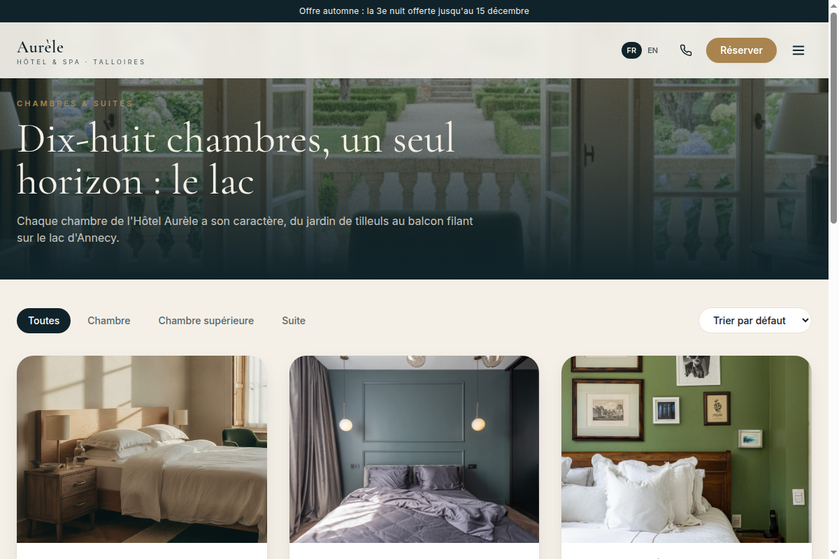 Chambres et suites filtrables par catégorie