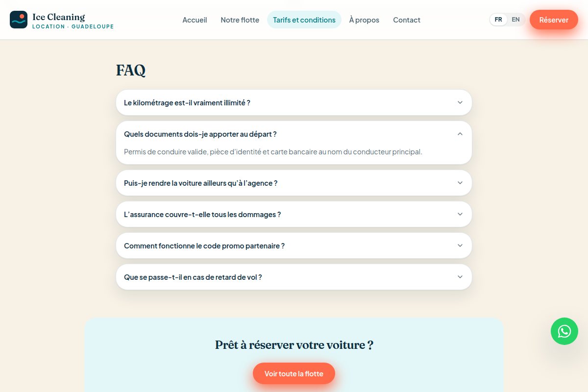 Grille tarifaire par saison et FAQ dépliée