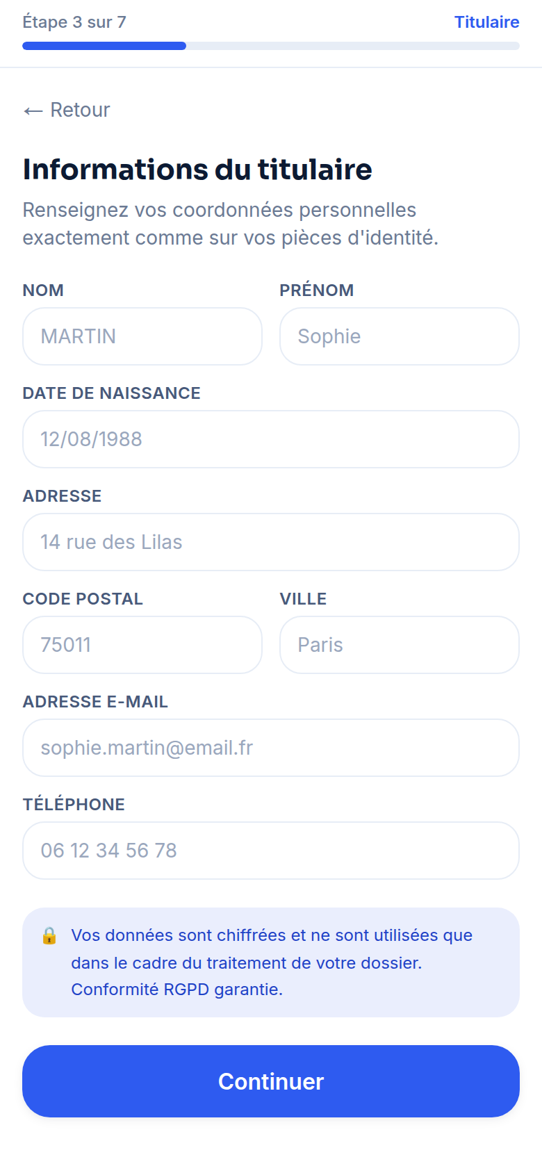 Étape 3 — Saisie du titulaire (RGPD)