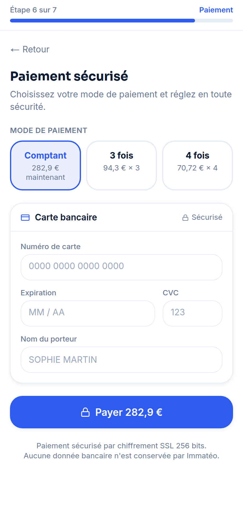Étape 6 — Paiement comptant, 3x ou 4x